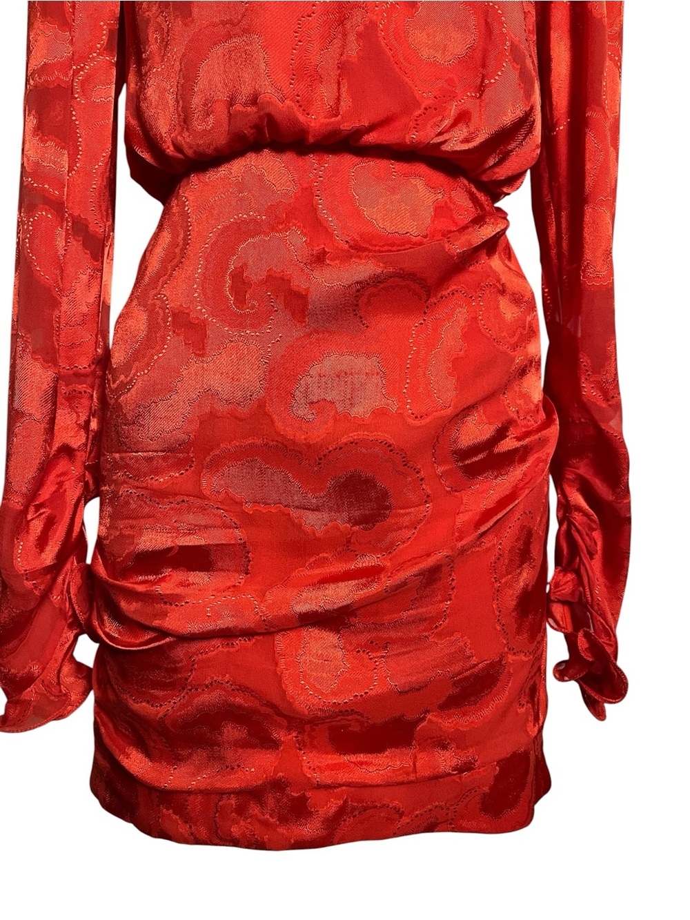 Saloni Rina B Mini Dress Women's Silk Jacquard Ruffle Puff Sleeve Poppy Red 4 - Picture 10 of 14